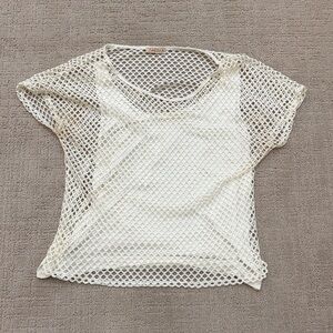 Lavish Off-White Crochet Mesh Short Sleeve Crop Top